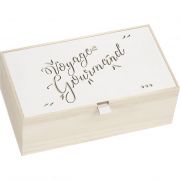 Box Rectangular Wood, natural / white, laser cut, decor "Voyage Gourmand", 33x18x11 cm, B150PW