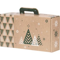 Cardboard rectangular briefcase box, "MERRY CHRISTMAS", kraft/green/white, 33x18.5x9.5 cm, CV045P