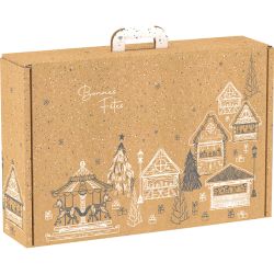 Cutie servieta dreptunghiulara din carton, "BONNES FÊTES" kraft/gri/alb, 54x36x12,5 cm, CV036E