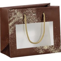 Paper bag "GOLDEN POWDER", brown/gold, PET "window", 20.0x10.0x17.0 cm