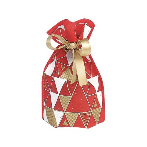 Non-woven polypropylene Christmas gift bag Red/White Triangles Gold satin ribbon Card 12x20,5cm, SC083XS