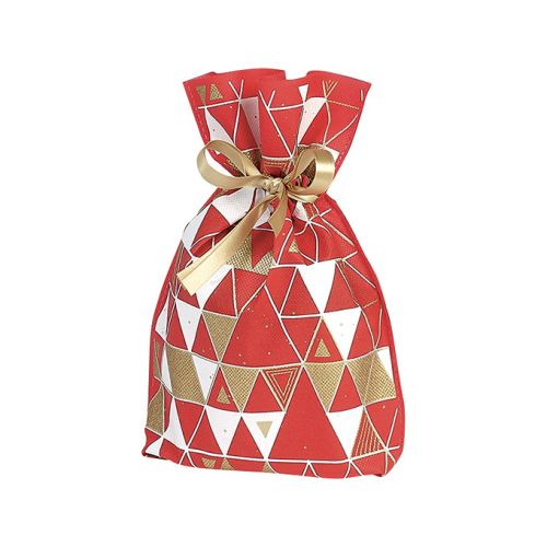 Non-woven polypropylene Christmas gift bag Red/White Triangles Gold satin ribbon Card 20x30 cm, SC083S