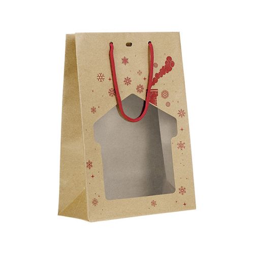 Bag Paper Kraft Red Christmas chalet shape PET Window Red cord handles Eyelet 20x10x29cm, SB104S