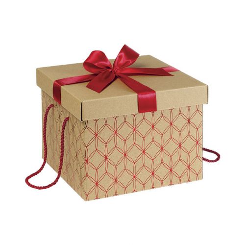 Cutie pătrată din carton Kraft cu panglică din satin roșu și mânere 27x27x20 cm, CP135GR
