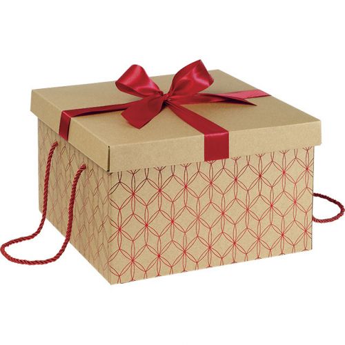 Box Cardboard Square Kraft Red geomitrical circle Red satin bow Red cord 
