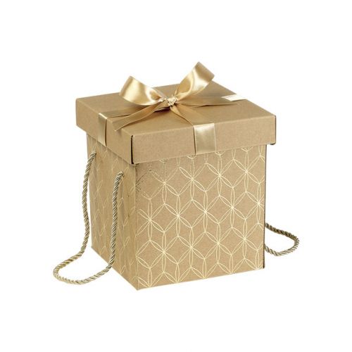 Cutie pătrată din carton Kraft cu panglică din satin auriu și mânere 18,5x18,5x19,5cm, CP125POR