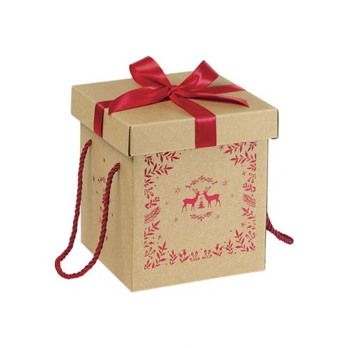 Box Cardboard Square Kraft Red reindeer Red satin bow Red cord 18,5x18,5x19,5cm, CP105PR