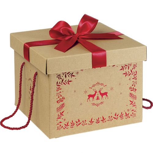 Box Cardboard Square Kraft Red reindeer Red satin bow Red cord, 27x27x20 cm, CP105GR