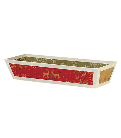 Tray Cardboard Rectangle "Bonnes Fêtes" Wood effect/Red/Green/Gold  30x10x6cm, BF396LS