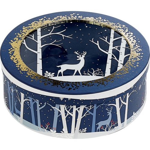 Box Cardboard Round Blue/White/Hot gliding gold PET window Forest/Reindeer  D33,5x12cm, BF231M
