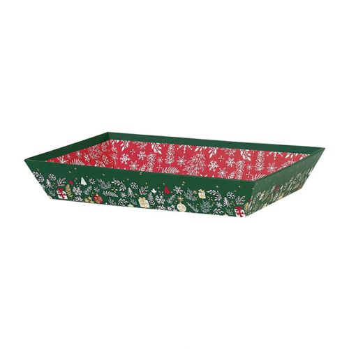 Tray Cardboard Rectangular Green/White/Red/Hot gliding gold "Bonnes Fêtes"  33x20x7cm, BF204M