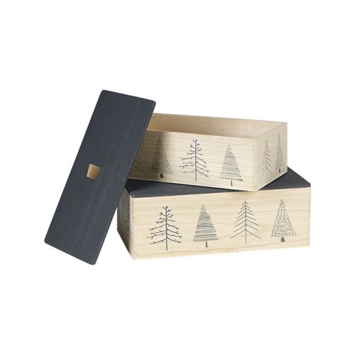 Rectangular wood box natural/grey tree design rounded corners, 32.5x18x10.5 cm, B057P