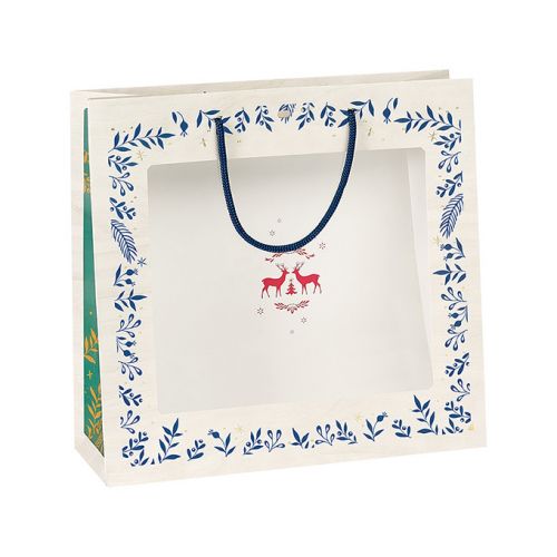 Bag Paper PET Window Wood effect/Red/Green/Gold "Bonnes Fêtes" Blue cord handles Eyelet 35x13x33 cm, SB084G