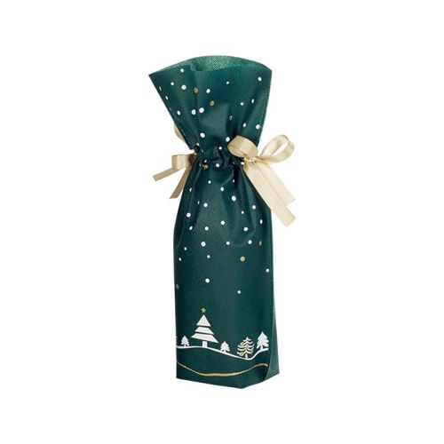Non woven polypropylene gift bag green/white tree design with gold satin ribbon drawstring and gifttag 16x36,5cm, SC041-1B