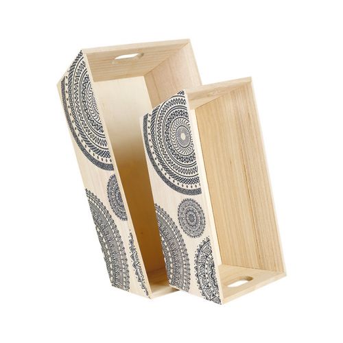 Rectangular wood crate natural/grey mandala design 2 handles 29x19x10cm, B062PG