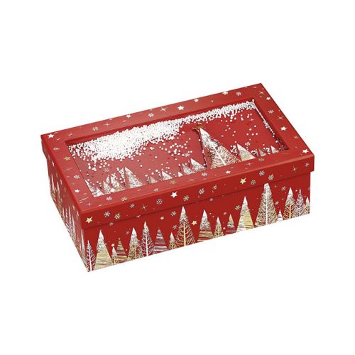 Box Rectangular Cardboard, red / white / hot gilding gold Snow decor / Happy Holidays 31,5x18x10cm, BF382P
