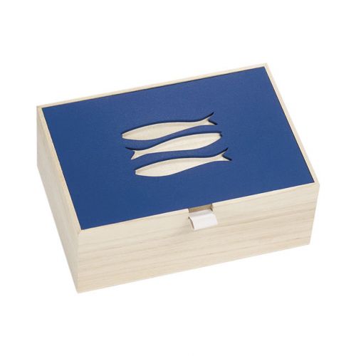 Box rectangular Wood, in  natural/blue color, laser cut - fish, handles, 20.5x14x8.2 cm, B161B