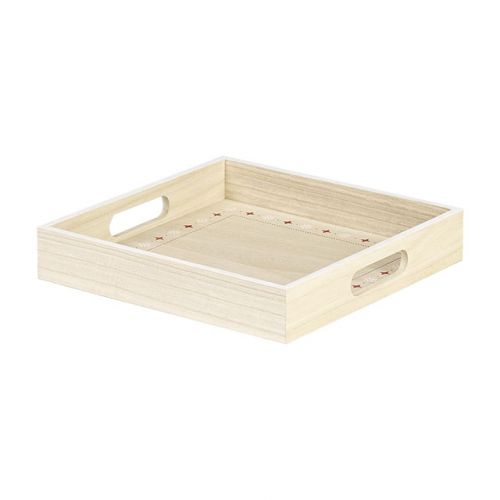 Tray Square Wood, Nature, with red / white design, white border handles 26x26x4,5cm, B082P