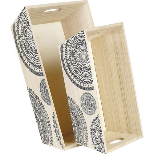 Rectangular wood crate natural/grey mandala design 2 handles 35x25x9cm, B062MG