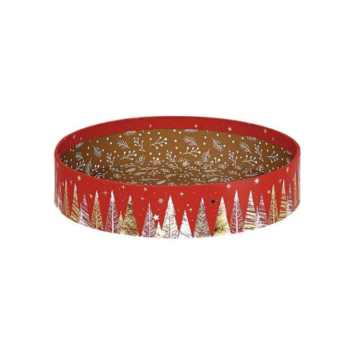 Tray Round Cardboard, red / white / gold foil gold Happy Holidays decor D15,4x3,2cm, BF388P