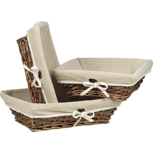 Square split willow and wood basket / brown and cream with fabric lining, 30x30x10 cm, J454C