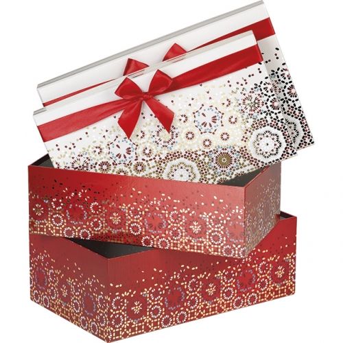 Rectangular gift box festive red/cream design with red satin ribbon, 31.5x18x10 cm, BF360P