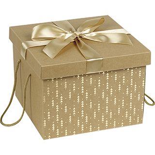 Cutie pătrată din carton Kraft cu panglică din satin auriu și mânere, 27x27x20 cm, CP120GOR