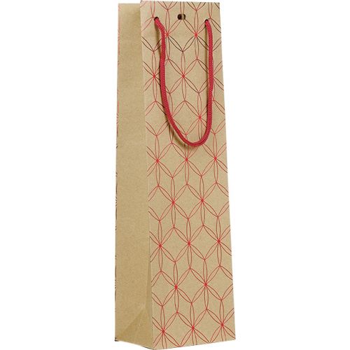 Bag Paper kraft 1 bottle hot gliding red geometrical circles red cord handles eyelet, 11x9x39 cm, SB144-1B