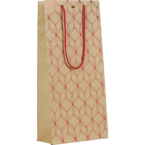 Bag Paper kraft 2 bottles hot gliding red geometrical circles red cord handles eyelet, 18x9x39 cm, SB145-2B