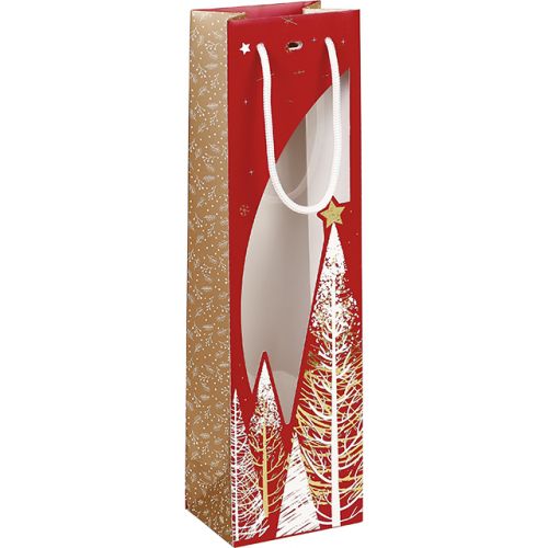 Bag Paper Bonnes Fêtes rouge blanc/hot gliding gold PET window white rope handles closing eyelet, 11x9x39 cm, SB384-1B 