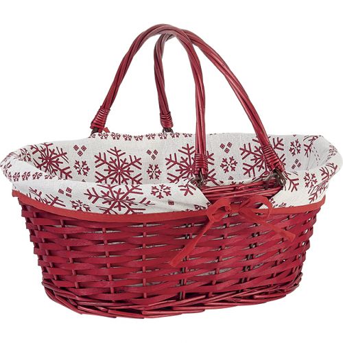 Basket Wicker/Wood Oval Red White fabric/Red Snowflakes Folding handles  42x32x18 cm, PN098G