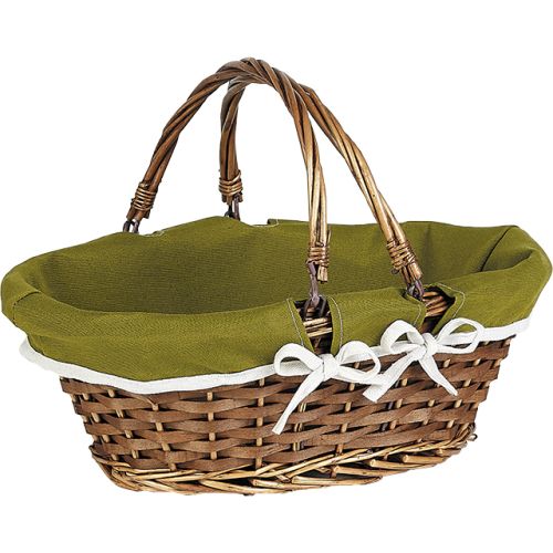 Basket wicker/wood oval brown green fabric/white edge wicker handles, 35x27x13cm, PN076M