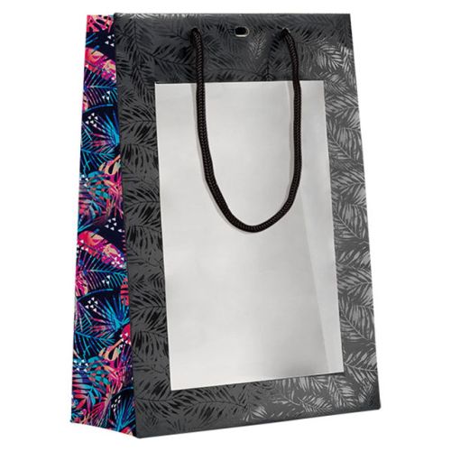 Bag paper black/UV printing/tropical PET window black cord handles eyelet, 20x10x29 cm, SB461S