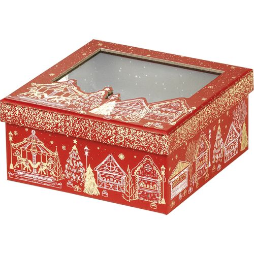 Cutie pătrată din carton, roșie cu motiv de Crăciun „Bonnes Fêtes” cu fereastră PET, 16x16x7,5 cm, BF446XS