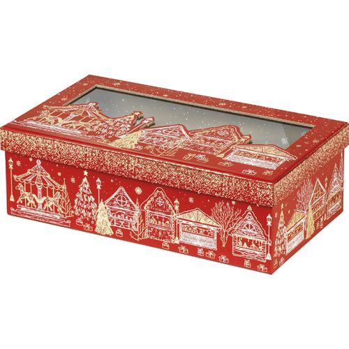 Cutie dreptunghiulară din carton, roșu cu motiv de Crăciun „Bonnes Fêtes”, 31,5x18x10 cm, BF450P