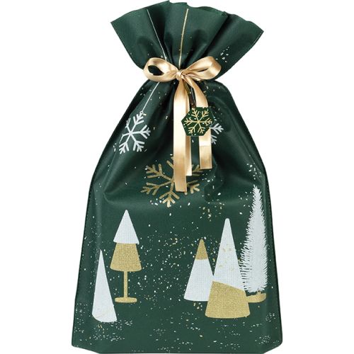Bag polypropylene non-woven green/white/gold Christmas tree gold satin ribbon gift tag, 33x55 см, SC084P