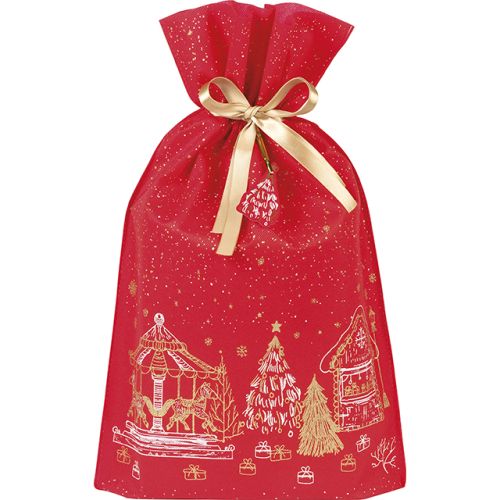 Bag polypropylene non-woven red/white/gold chalets gold satin ribbon gift tag, 20x30 см, SC085S