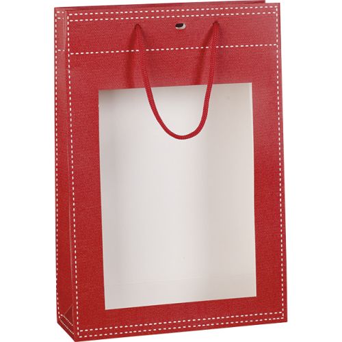 Pungă de hârtie cadou, roșie cu „fereastră” PVC 20x10x29 cm, SB011SR