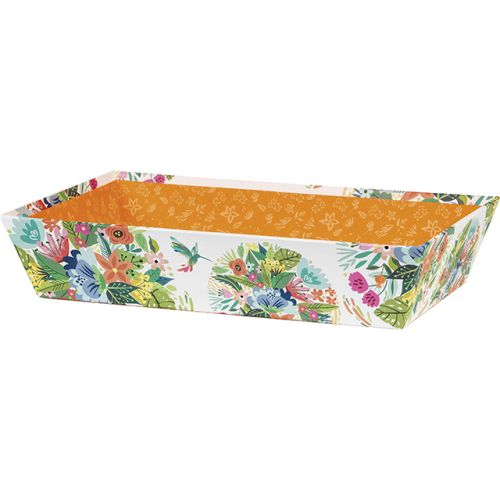 Cardboard rectangular orange/flower tray; Dimensions in cm: 33 x 20 x 7; FL104M