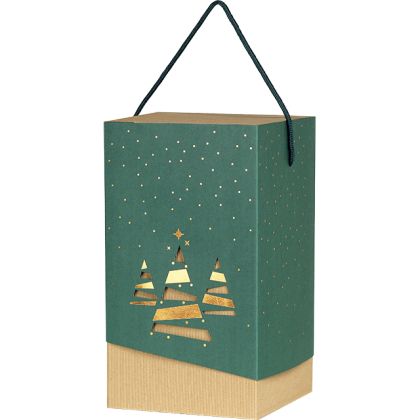Cutie de carton cu manșon și mâner negru, negru/auriu/kraft, imprimare cadouri de Crăciun, dimensiuni în cm: 16 x 16 x 26, CP170P