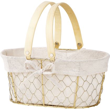 "CHARM AND TERROIR" Metal Oval Basket, Gold, Gold Ecru Fabric, Bamboo Folding Handles, 30x20x13cm, F240P