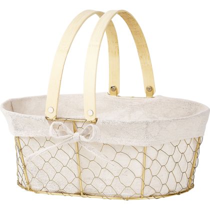 "CHARM AND TERROIR" Metal Oval Basket, Gold, Gold Ecru Fabric, Bamboo Folding Handles, 35x25x13cm, F240M