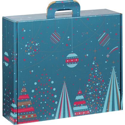 Cardboard rectangular briefcase box, "MERRY CHRISTMAS", blue/red/gold, 38.4x32.5x11.5 cm, CV044G