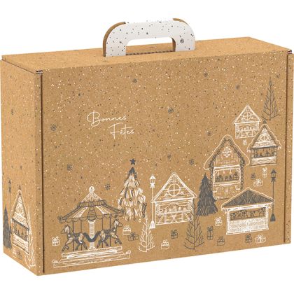 Cardboard rectangular briefcase box, "BONNES FÊTES" kraft/grey/white, 34.2x25x11.5 cm, CV036M