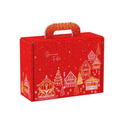 Cutie servieta dreptunghiulară din carton Bonnes Fêtes, roșu/alb/auriu, 34,2x25x11,5 cm, CV040M