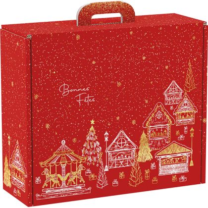 Bonnes Fêtes Cardboard Rectangular Briefcase Box, Red/White/Gold, 38.4x32.5x11.5cm, CV040G