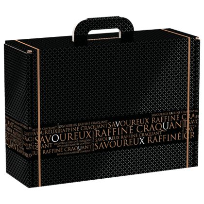 Cardboard rectangular briefcase box, Savoureux, black/gold, 34.2x25x11.5 cm, CV030M