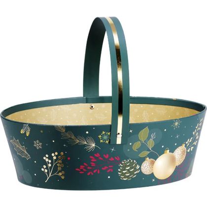 Coș oval din carton ENCHANTED NATURE verde/auriu ștanțat la cald cu mâner pliabil, 25,0 x 19,0 x 8,0 cm, BF492