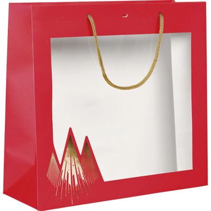 Pungă de hârtie CHRISTMAS PRESTIGE roșu/auriu cu fereastră, 35,0 x 13,0 x 33,0 cm, SB1003G