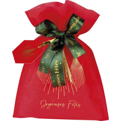 Geanta din polipropilena CHRISTMAS PRESTIGE rosie/aurie cu panglica satinata verde, 12,0 x 20,5 cm, SC106XS